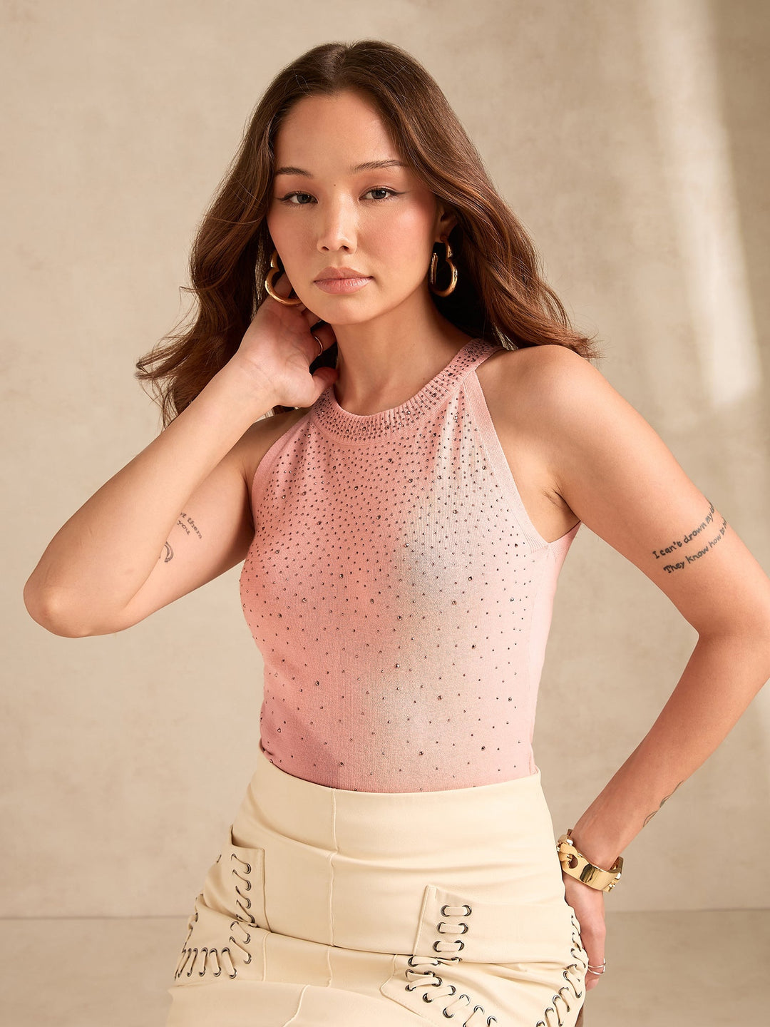 Rose Gold Halter Neck Studded Tank
