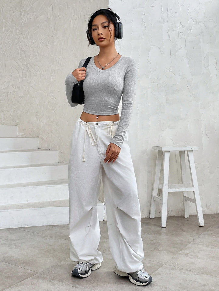 Grey Basic V Neck Full Sleeved Top