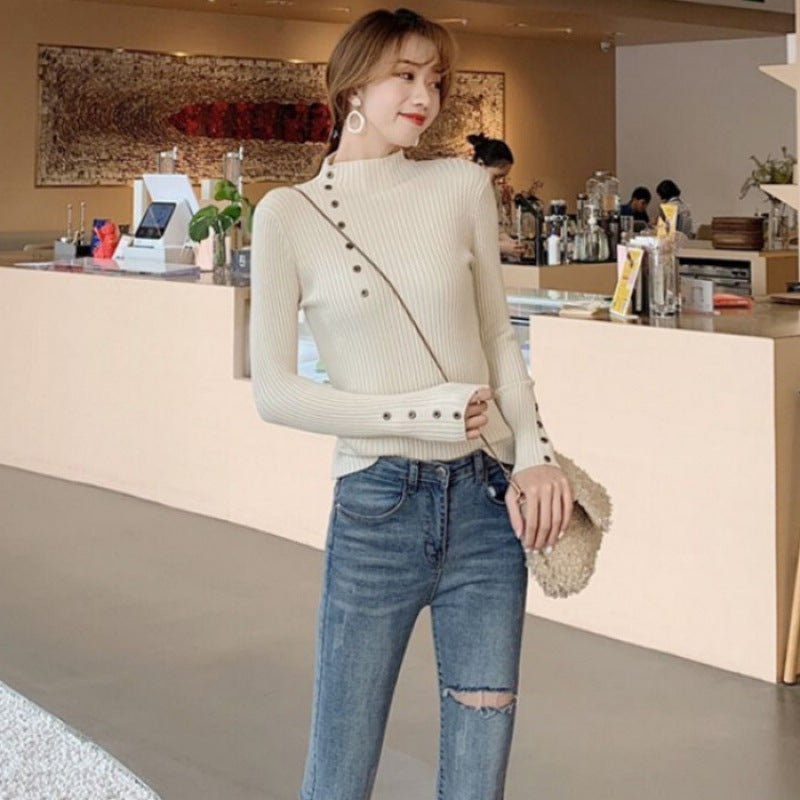 Off White Full Sleeve Button Trim Fitted Sweaters