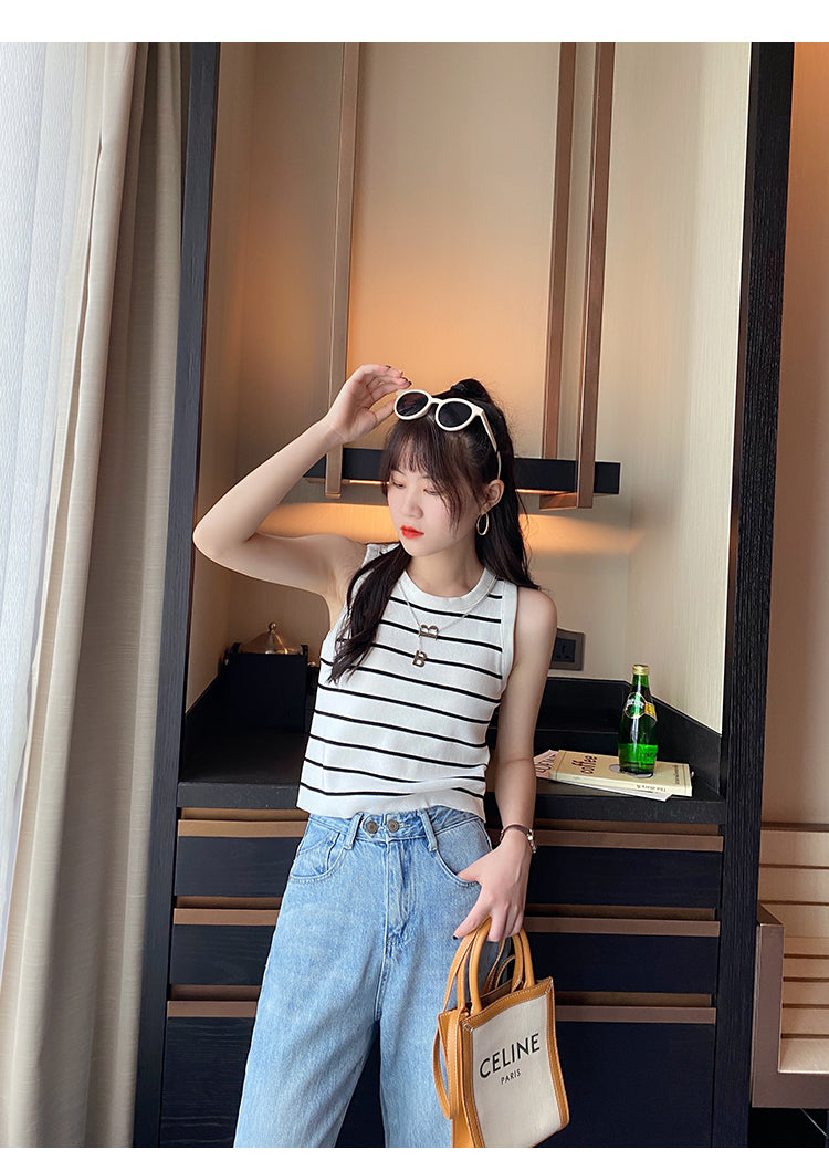 White Sleeveless Basic Striped Tank Top