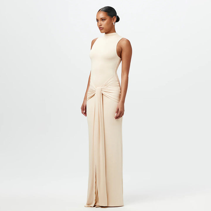 Beige High Neck Sleeveless Dress