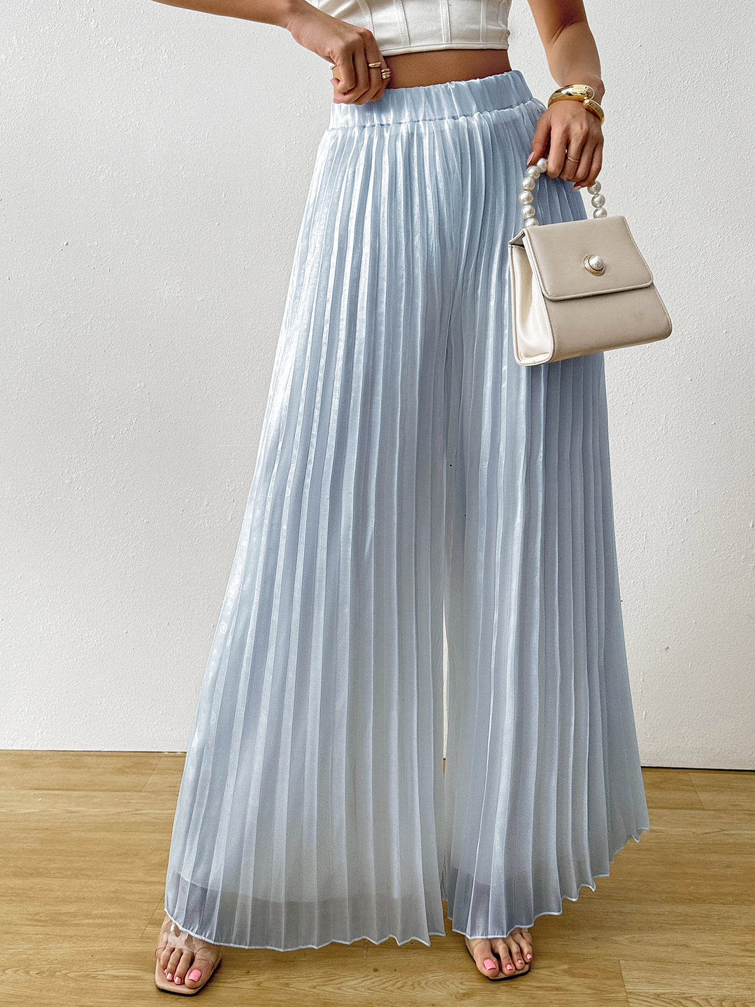 Blue Solid Wide Leg Pleated Trouser