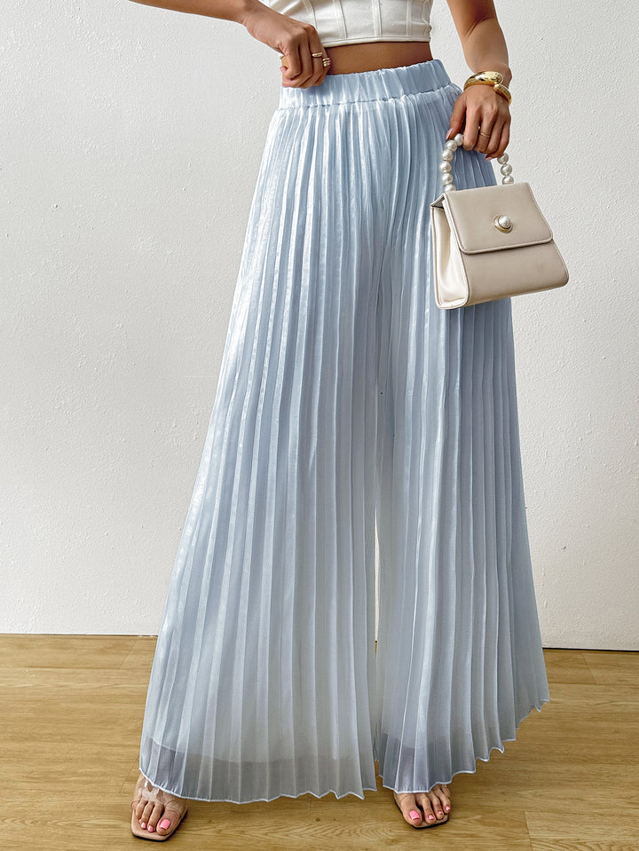 Blue Solid Wide Leg Pleated Trouser