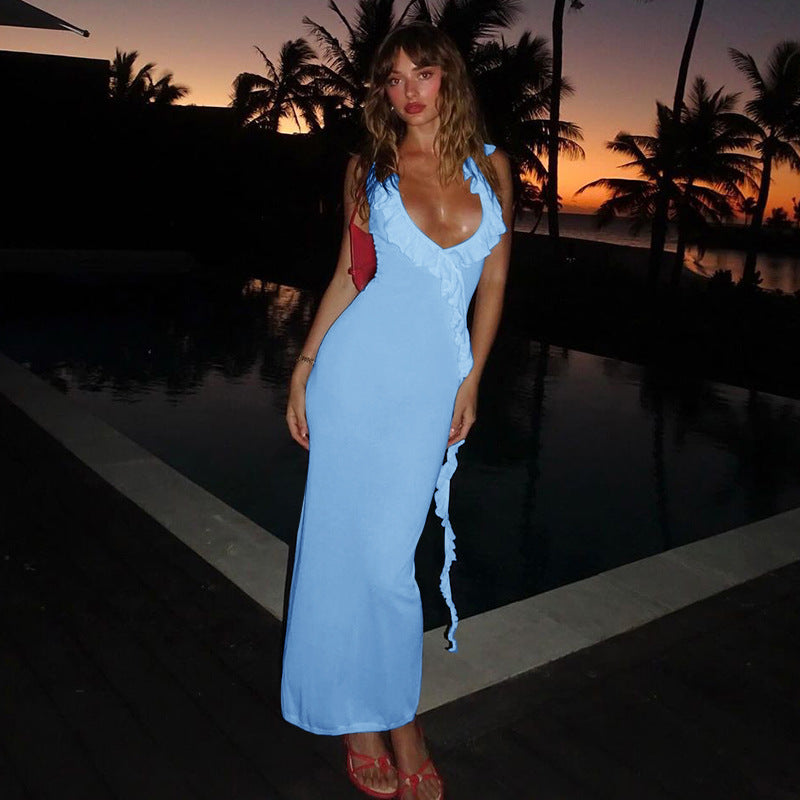 Blue Ruffle Neck Dress