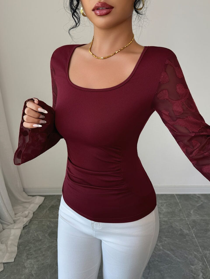Wine Scoop Neck Top With Lace Bell Sleeves