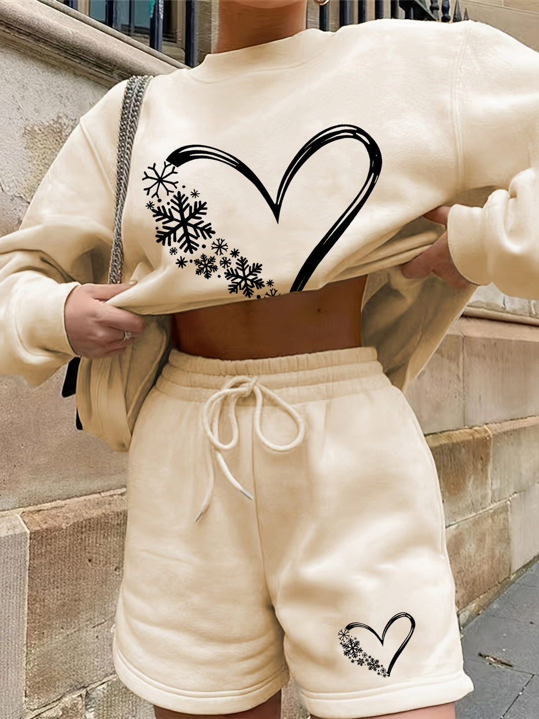 Cream Printed Sweatshirt And Shorts Co-Ord Set