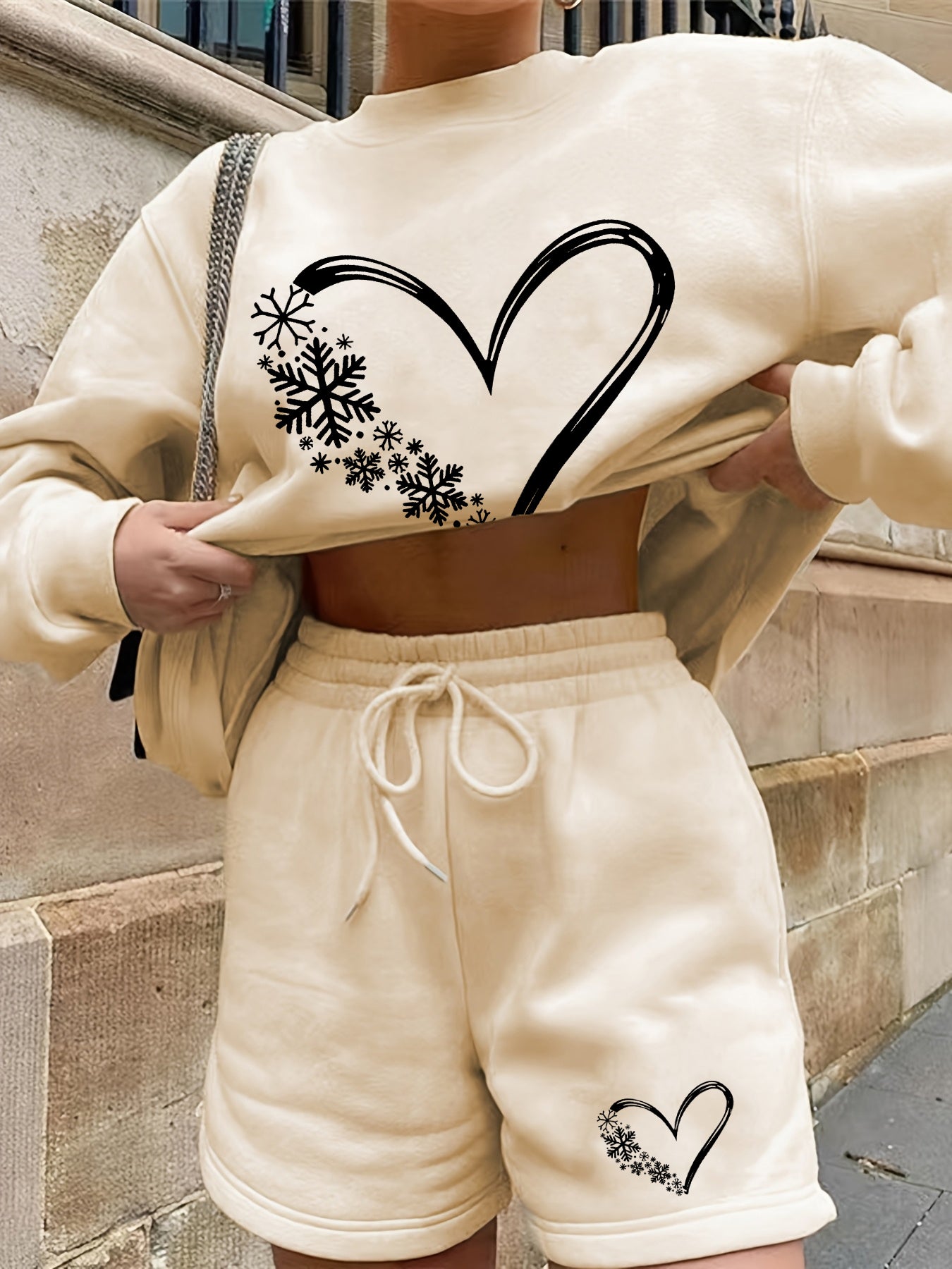 Cream Printed Sweatshirt And Shorts Co-Ord Set
