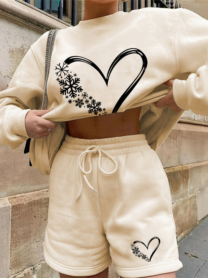 Cream Printed Sweatshirt And Shorts Co-Ord Set