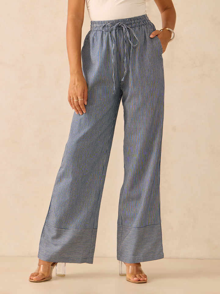 Blue Wide Leg Stripes Trousers