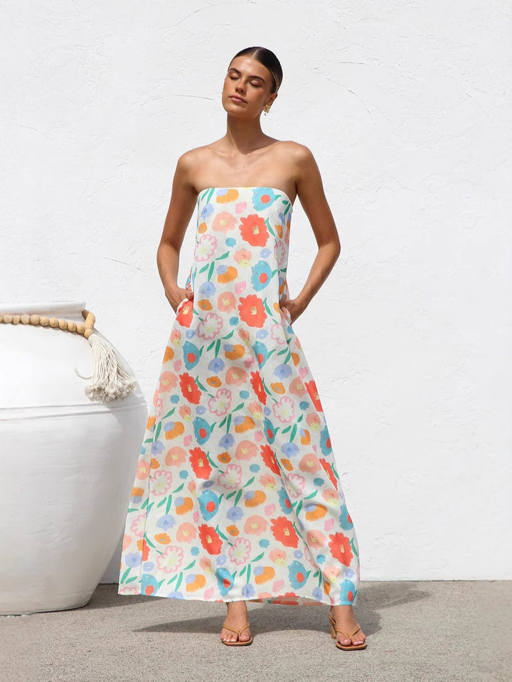 Multi Strapless Floral Printed Dress