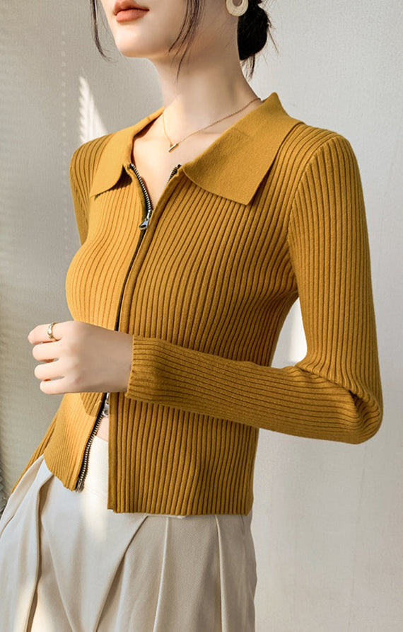 Mustard Full Sleeve Collared Front Zip Top