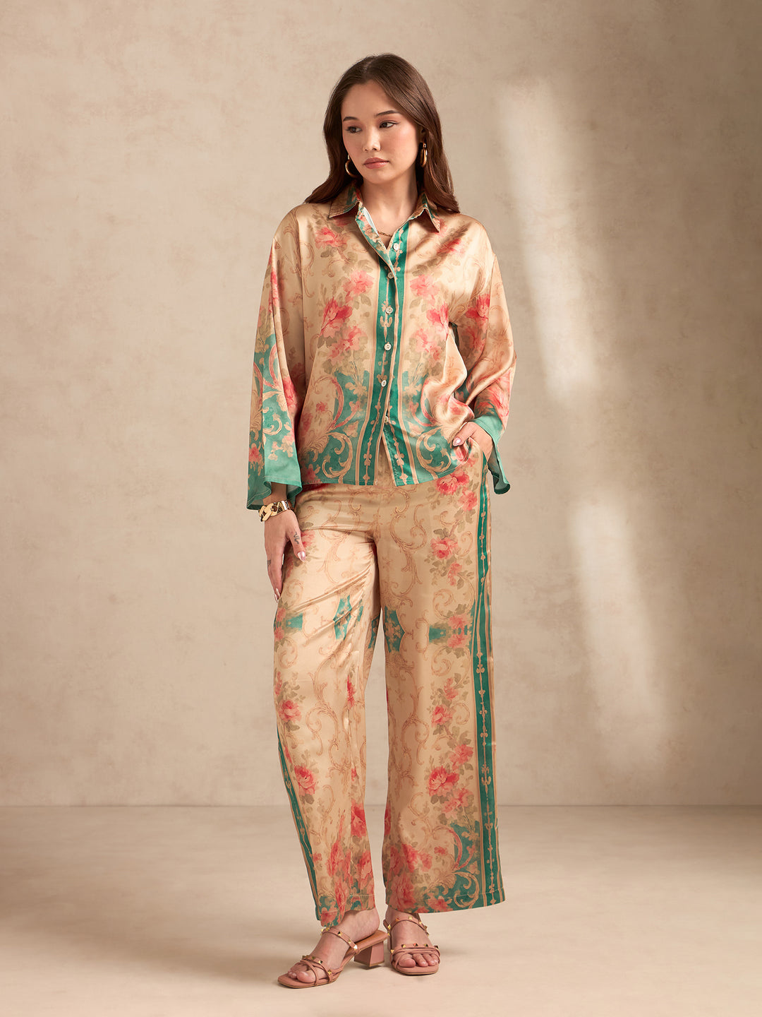 Peach Relax Fit Printed Satin Shirt With Wide Leg Trousers Set