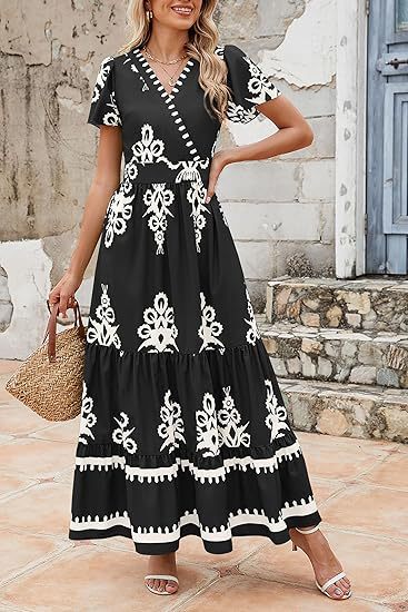 Black Wrap Neck Contrast Coloured Printed Dress