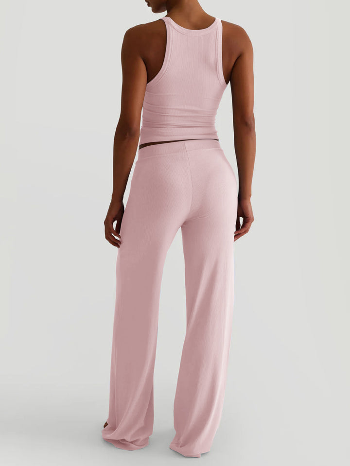 Pink Shoulder Strap Solid Top And Pant Set
