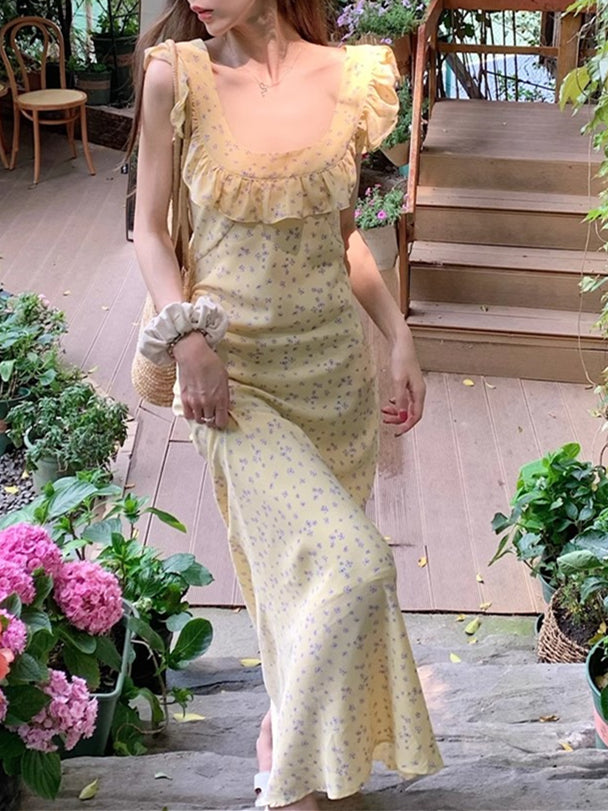 Yellow Printed Ruffle Maxi Dress