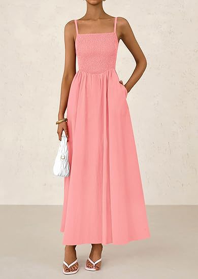 Pink Strappy Square Neck Cinched Waist Dress With Pockets