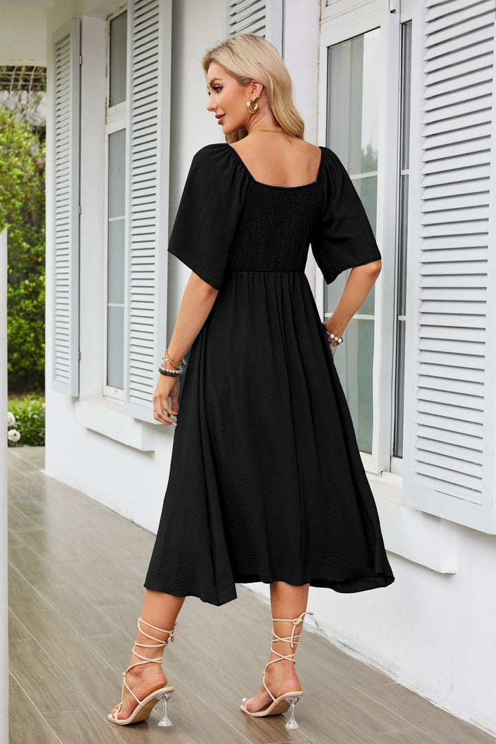 Black Flutter Sleeved Bow Detailed Neck Dress