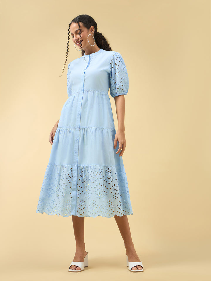 Blue Puff Sleeve Pleated Dress