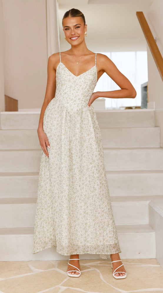 White Printed Pointed Waistline Dress