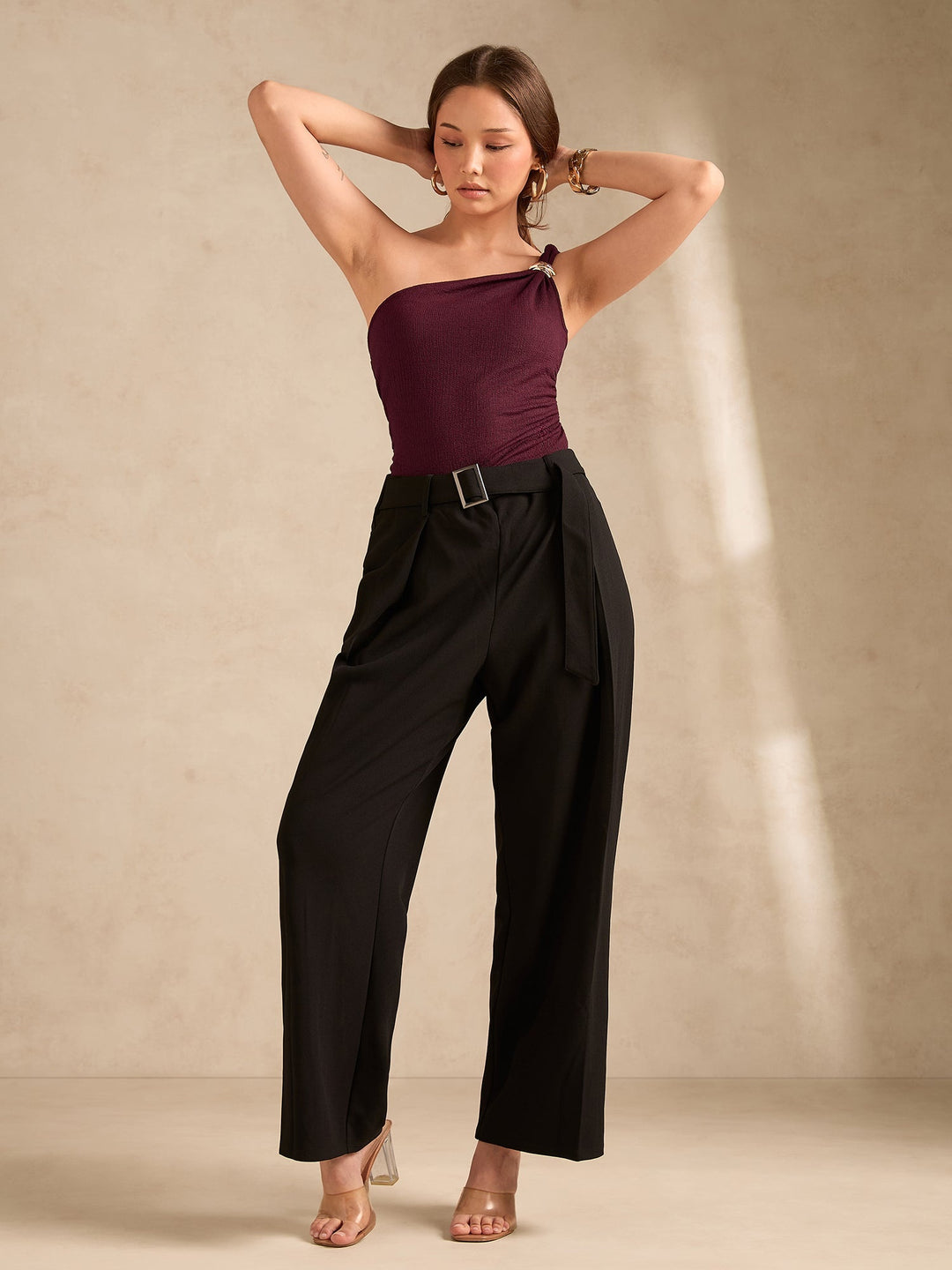 Wine One Shoulder Textured Metal Trim Top