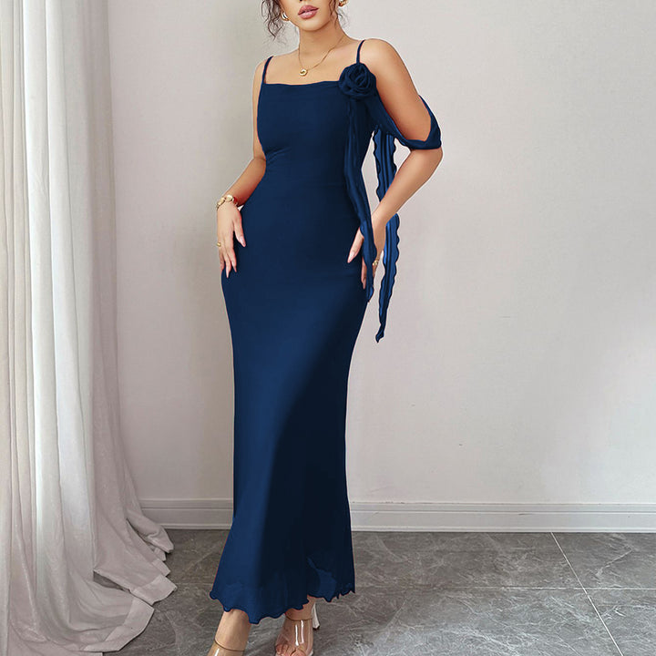 Blue Spaghetti Strap Flower Detail Dress