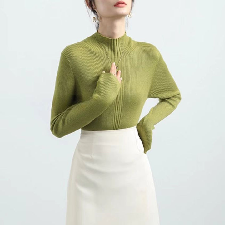 Green Full Sleeve Mock Neck Fitted Sweater