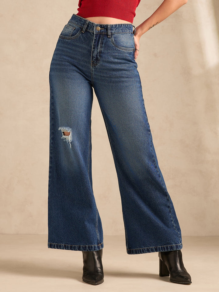 Blue Ribbed Straight Fit Jeans