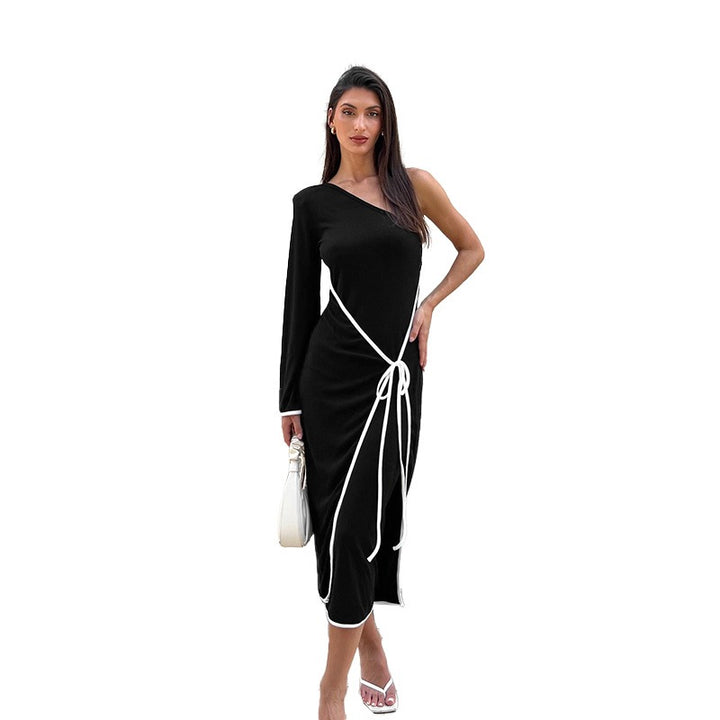 Black One Shoulder With One Full Sleeves Midi Dress