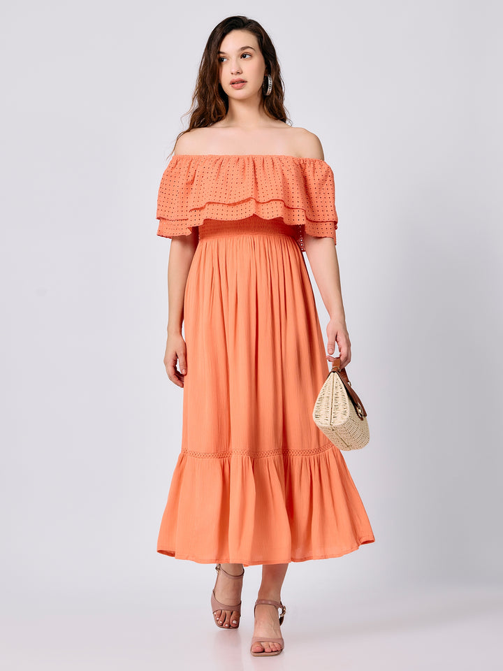 Peach Off Shoulder Tiered Midi Dress