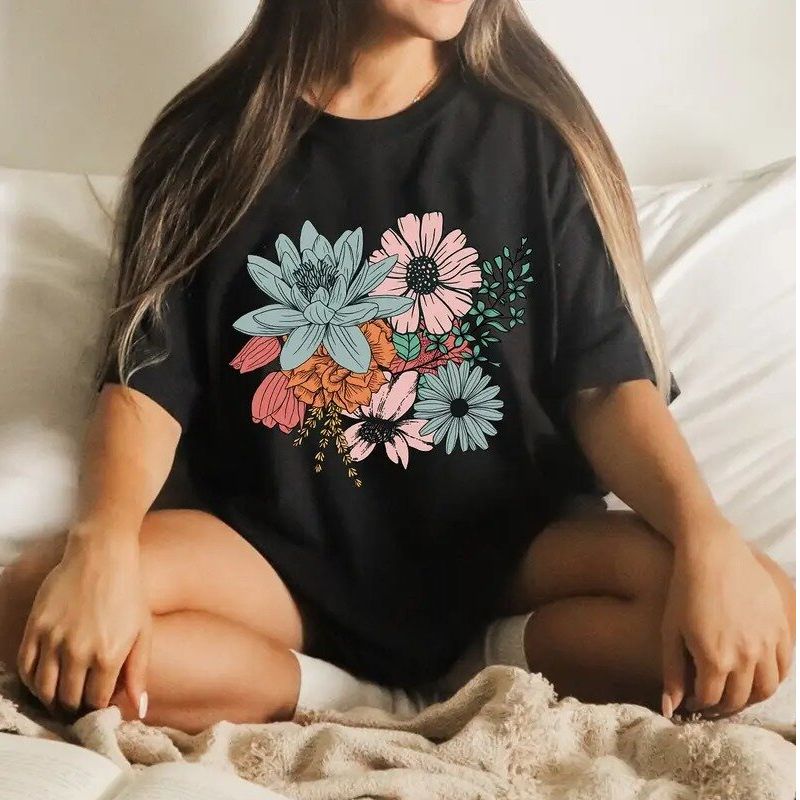 Black Floral Graphic Print TShirt