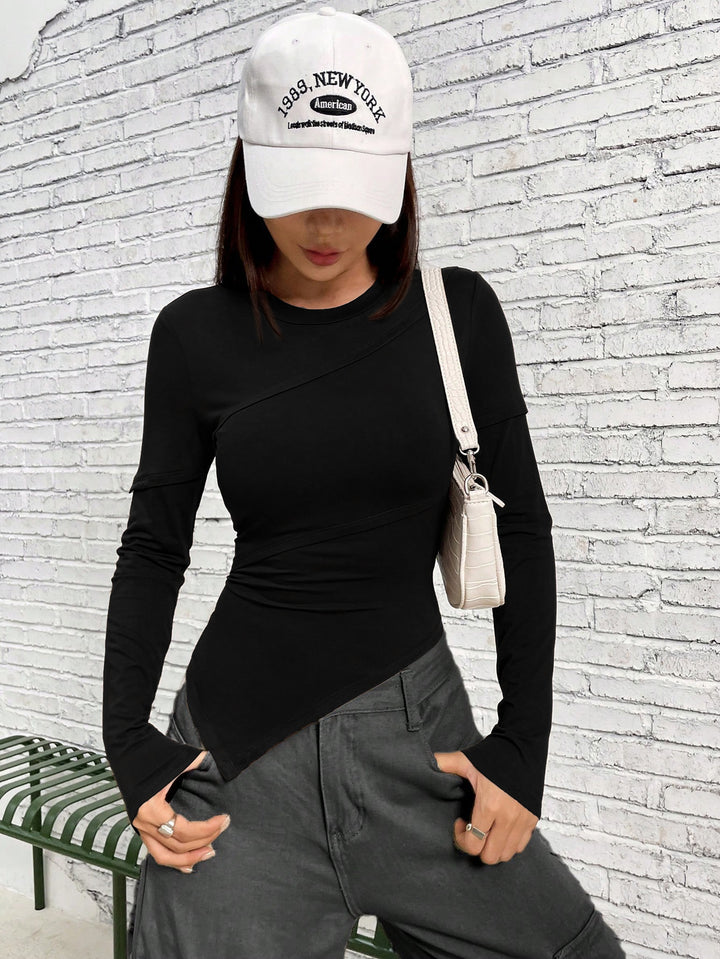 Black Full Sleeve Fitted Top With Asymmetric Top