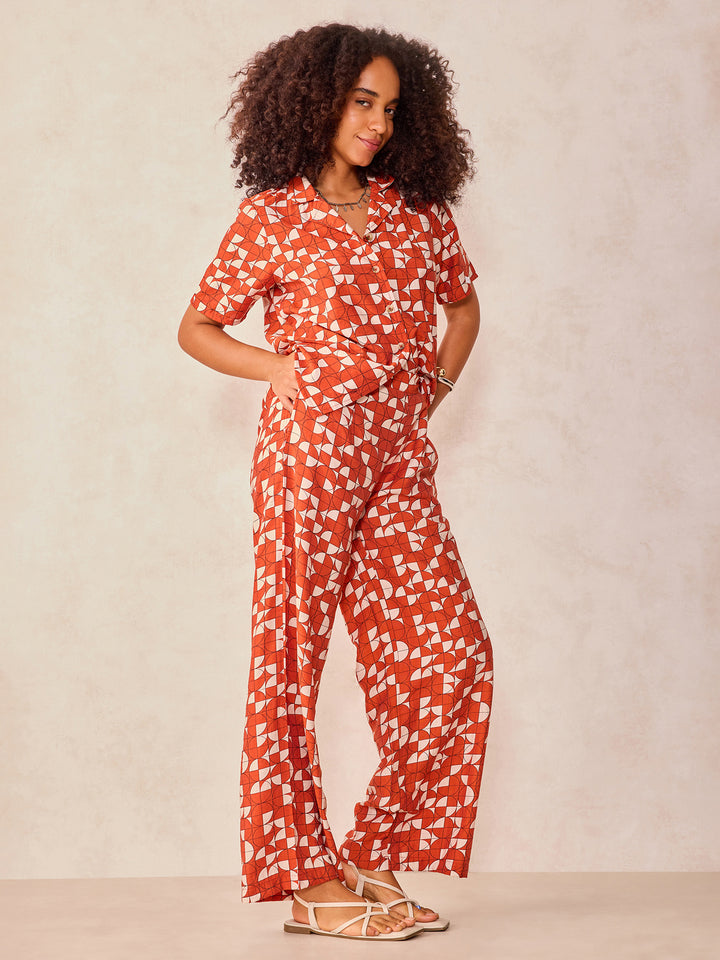 Rust Abstract Print Top And Pants Co Ord Set
