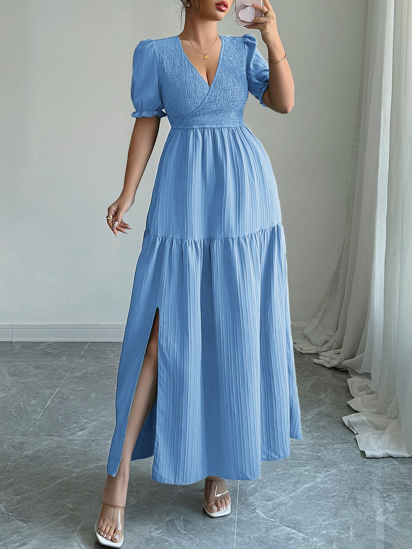 Blue Plunge Neck Tiered Dress
