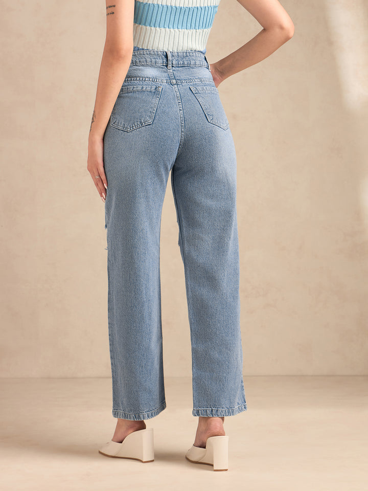 Blue Baggy High-Rise Mildly Distressed Stretchable Jeans