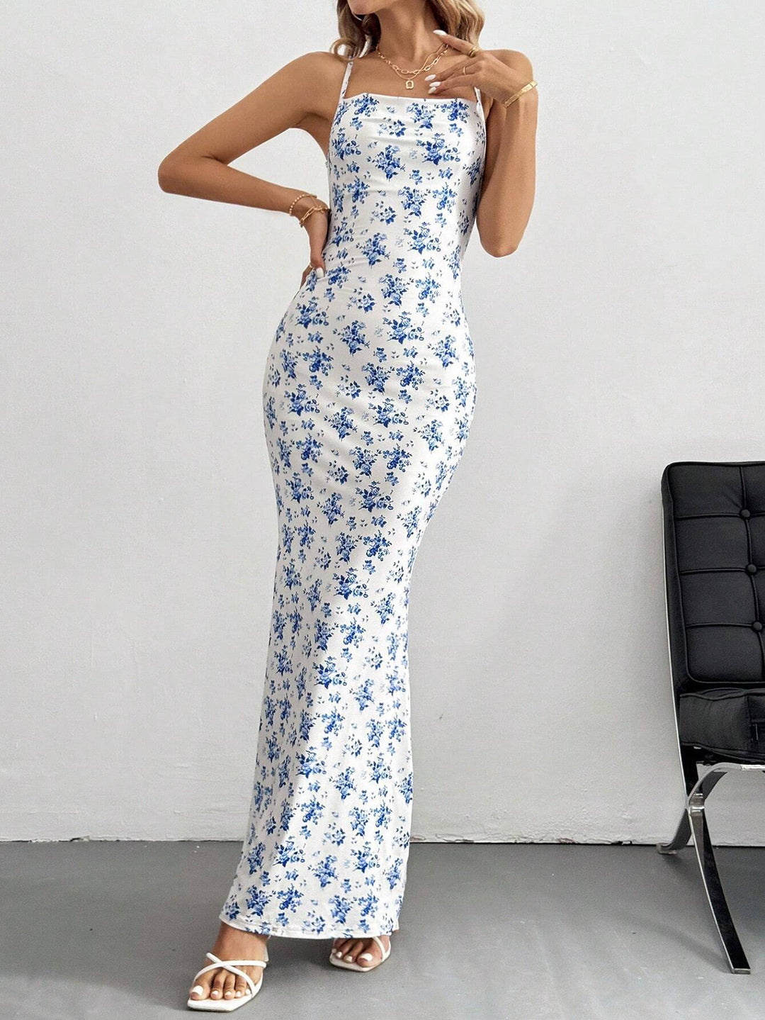 White Criss Cross Back Printed Dress
