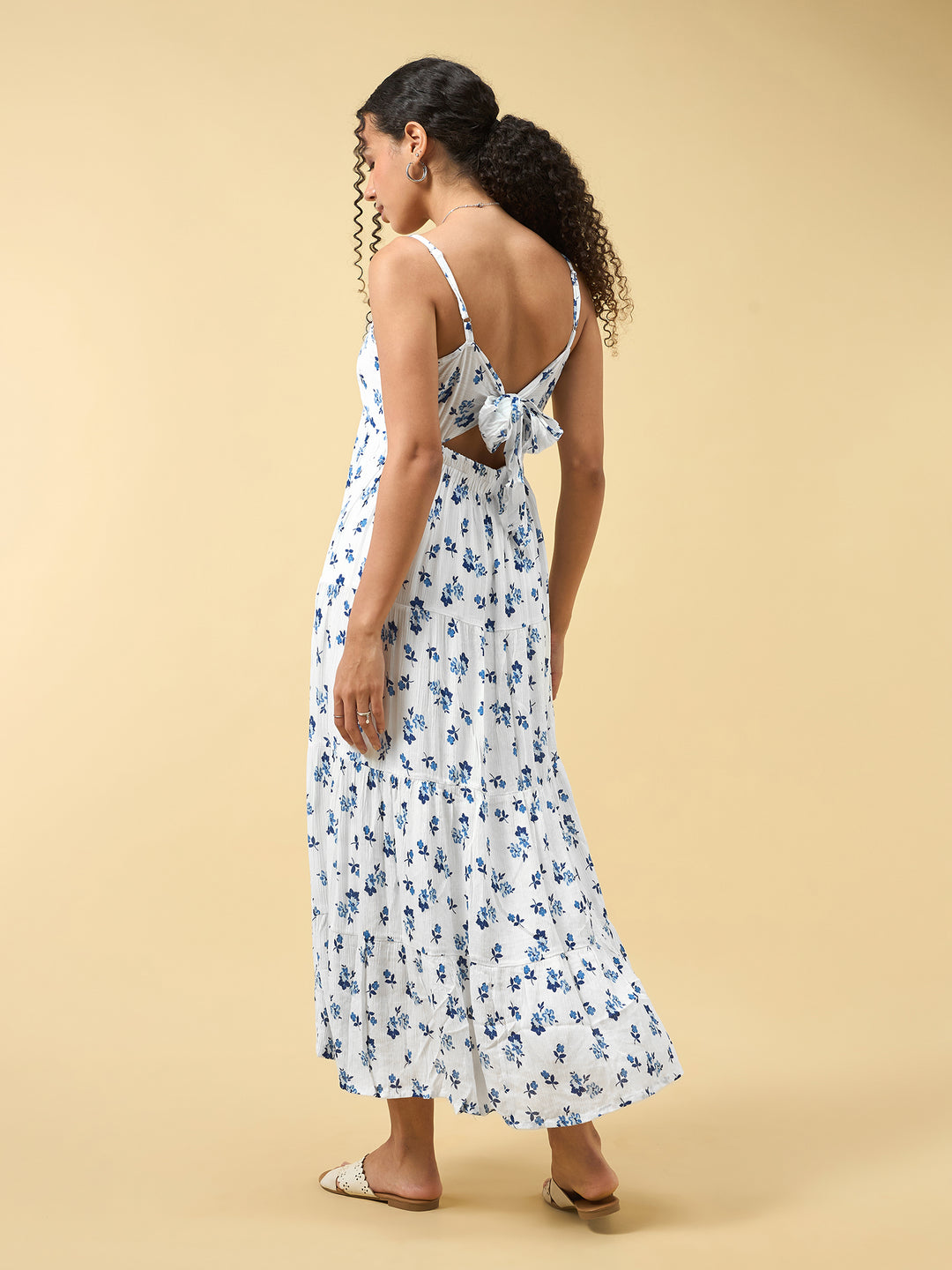 Blue A-Line Tiered Dress With Tie Up Detail At The Back