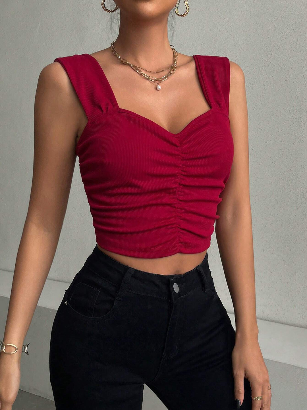 Red Sweetheart Neckline Ruched Top