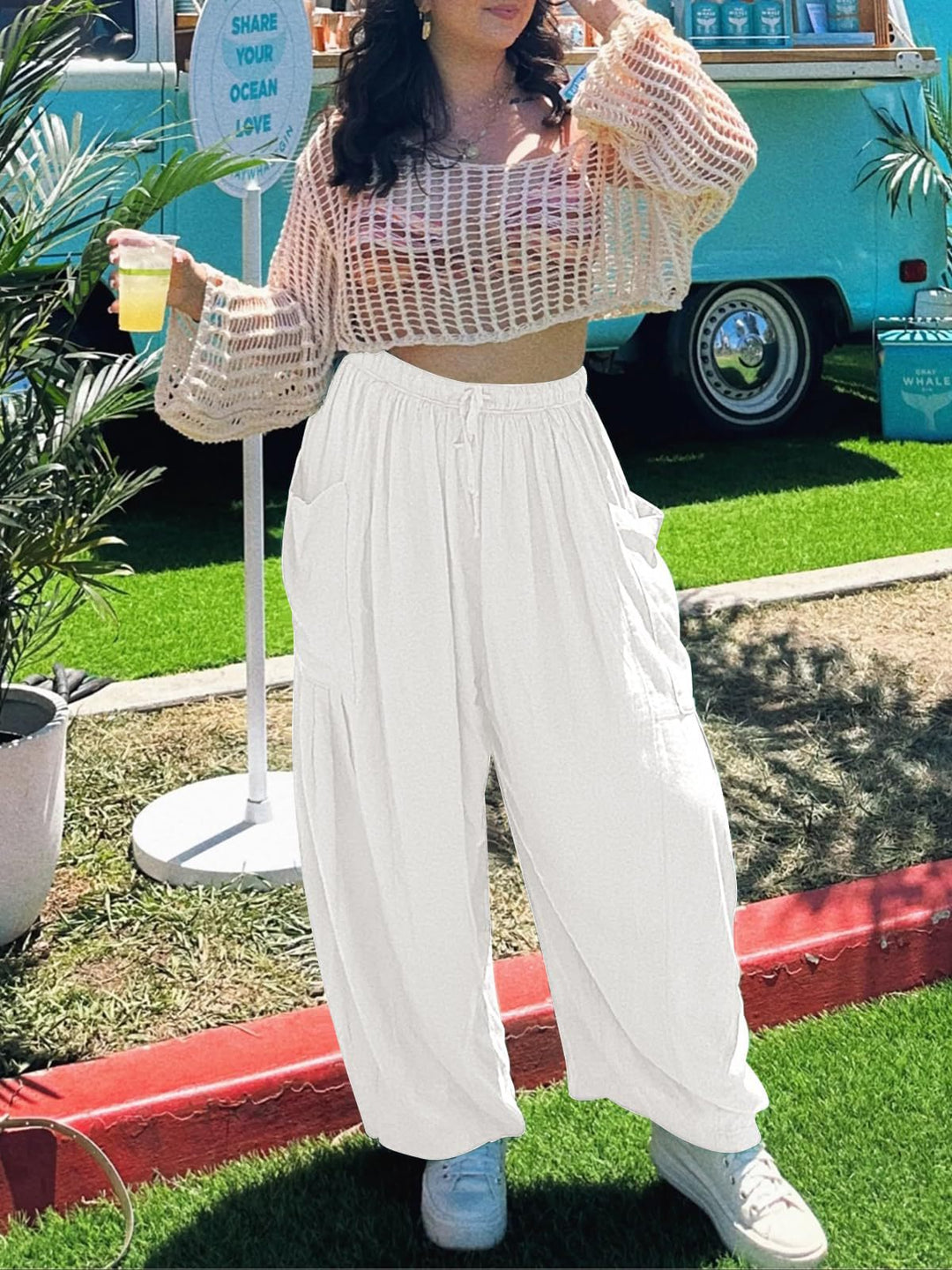 White Wide Leg Casual Cargo Pants