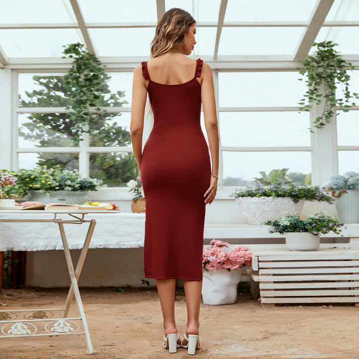 Maroon V-Neck Slit Bodycon Dress