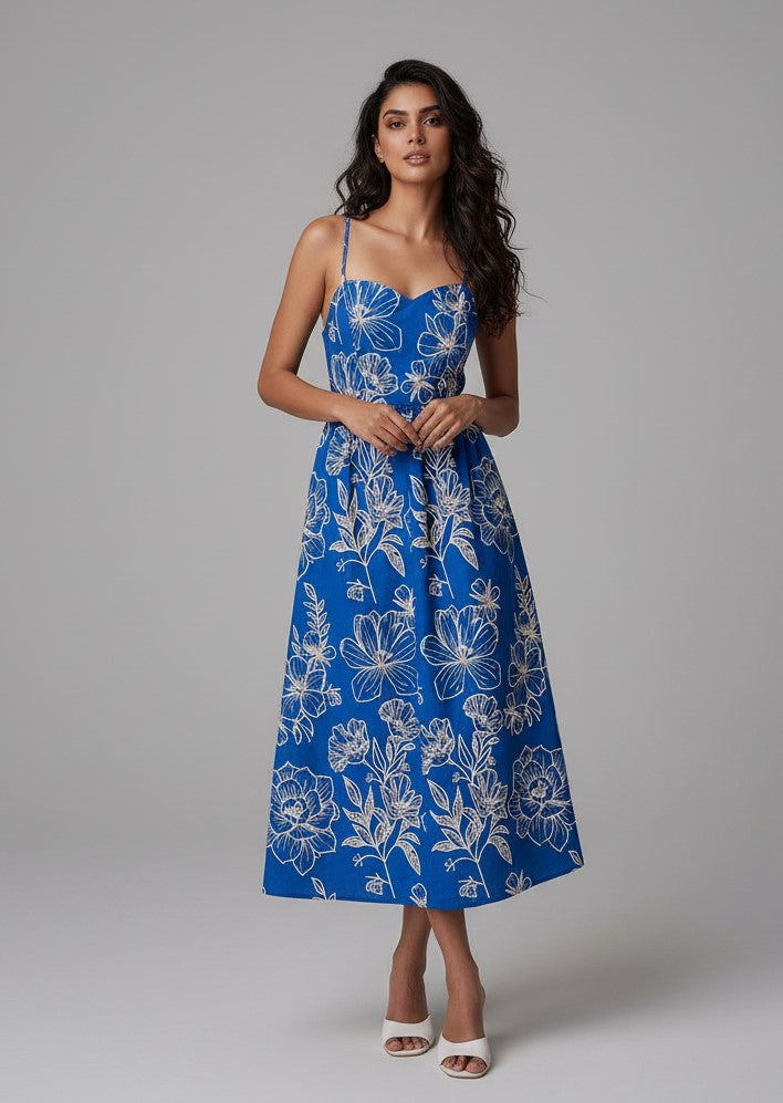 Blue Spaghetti Strap Sweetheart Neck Printed Dress