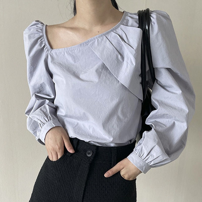 Blue Assymetric Nwck With Pleats Top