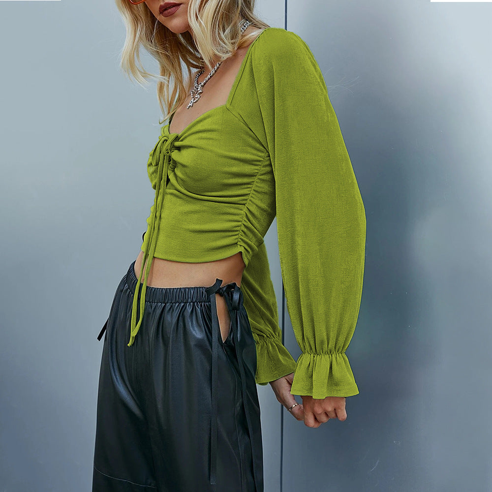 Green Full Sleeved Tie-Up Knit Top