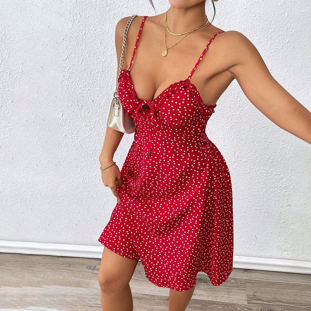 Red Printed Ruffle Hem Dress