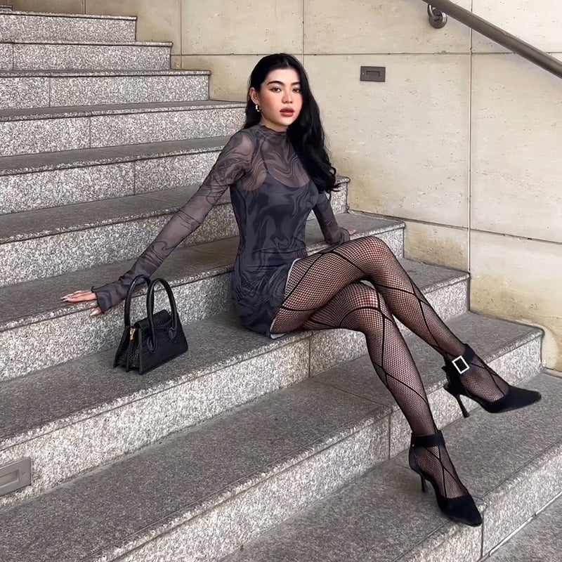 Black Printed Mesh Full Sleeves Mini Dress