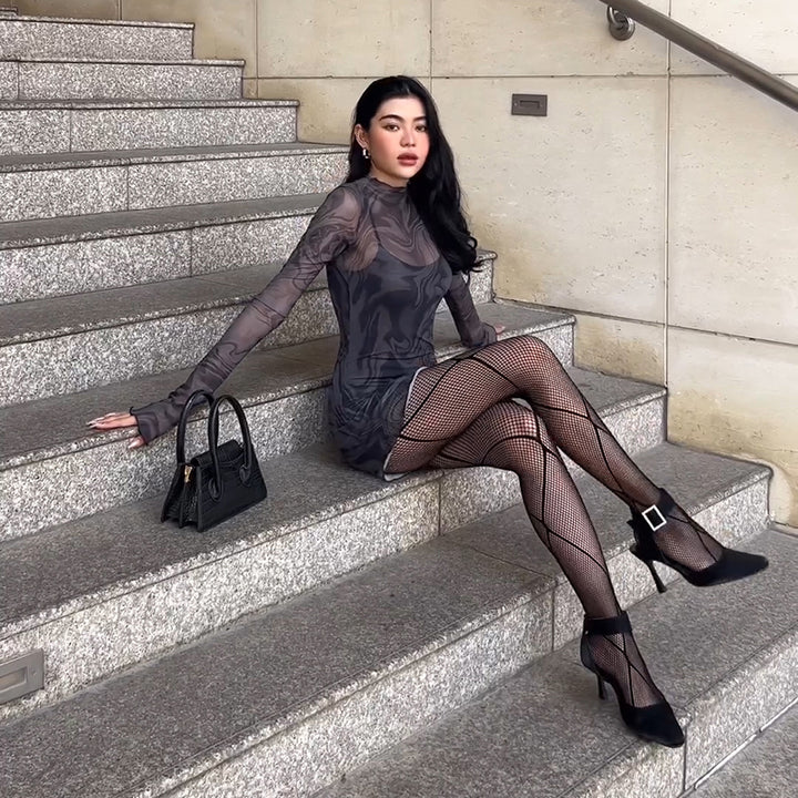 Black Printed Mesh Full Sleeves Mini Dress