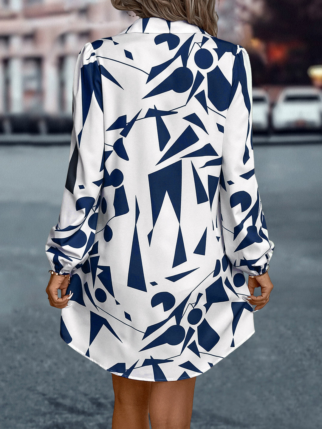 Blue Bishop Sleeve Collared Neck Printed Dress