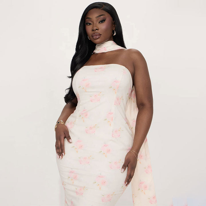 Pink Off Shoulder With Scarf Fit And Flare Dress