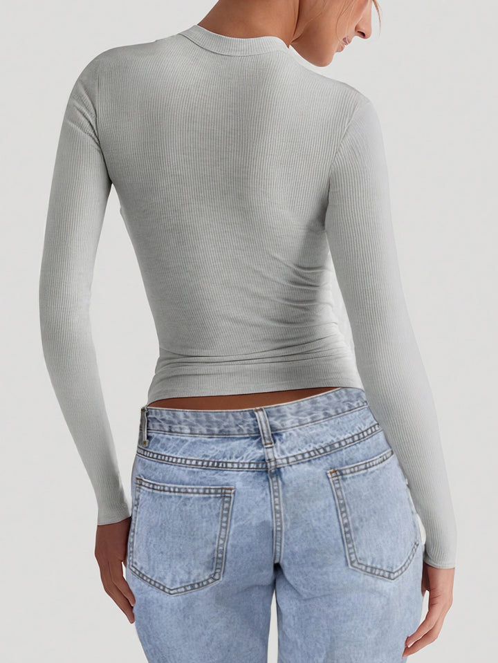 Grey Basic Full Sleeves Solid Square Neck Top