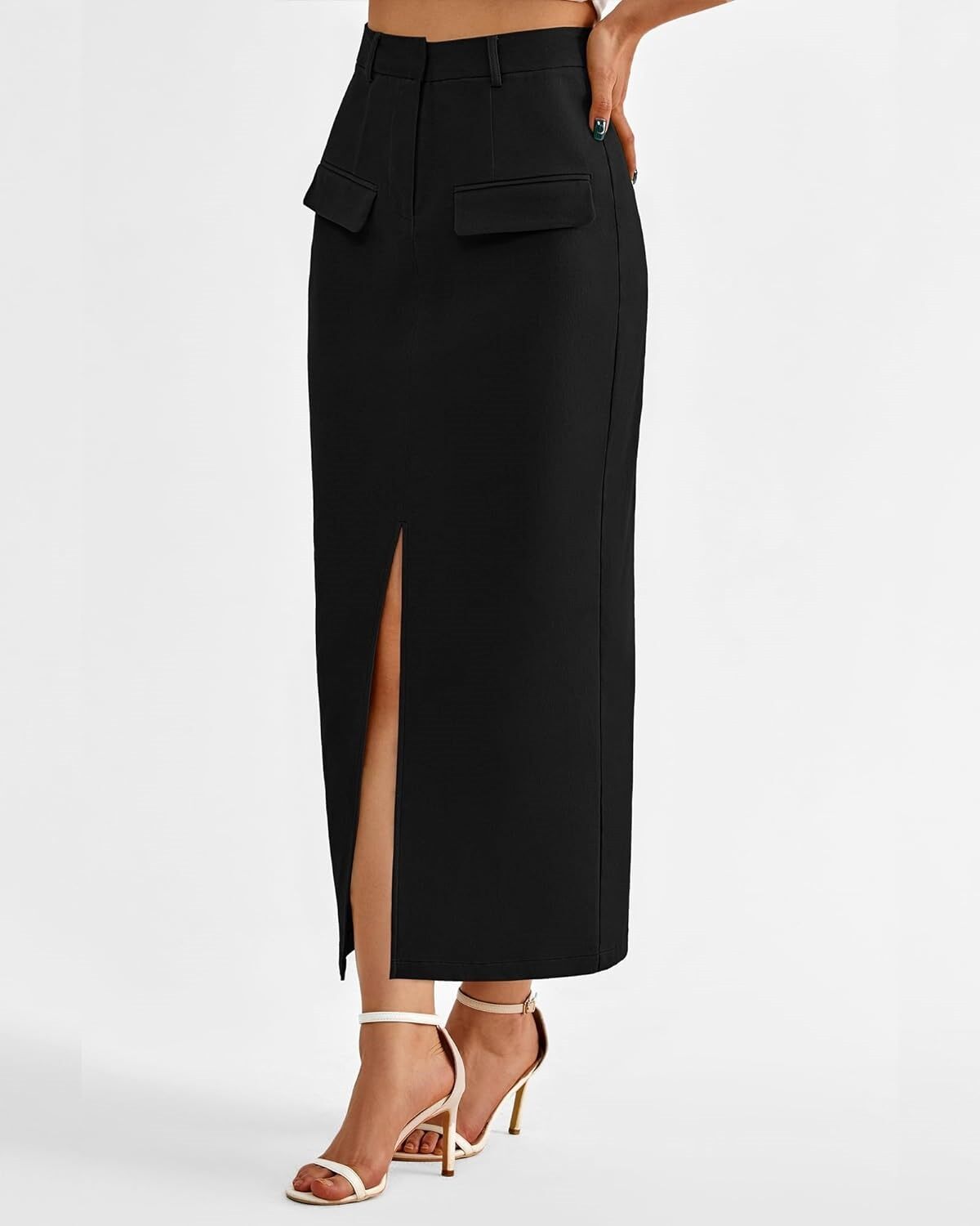 Black Front Pocket With Pocket Midi Skirt