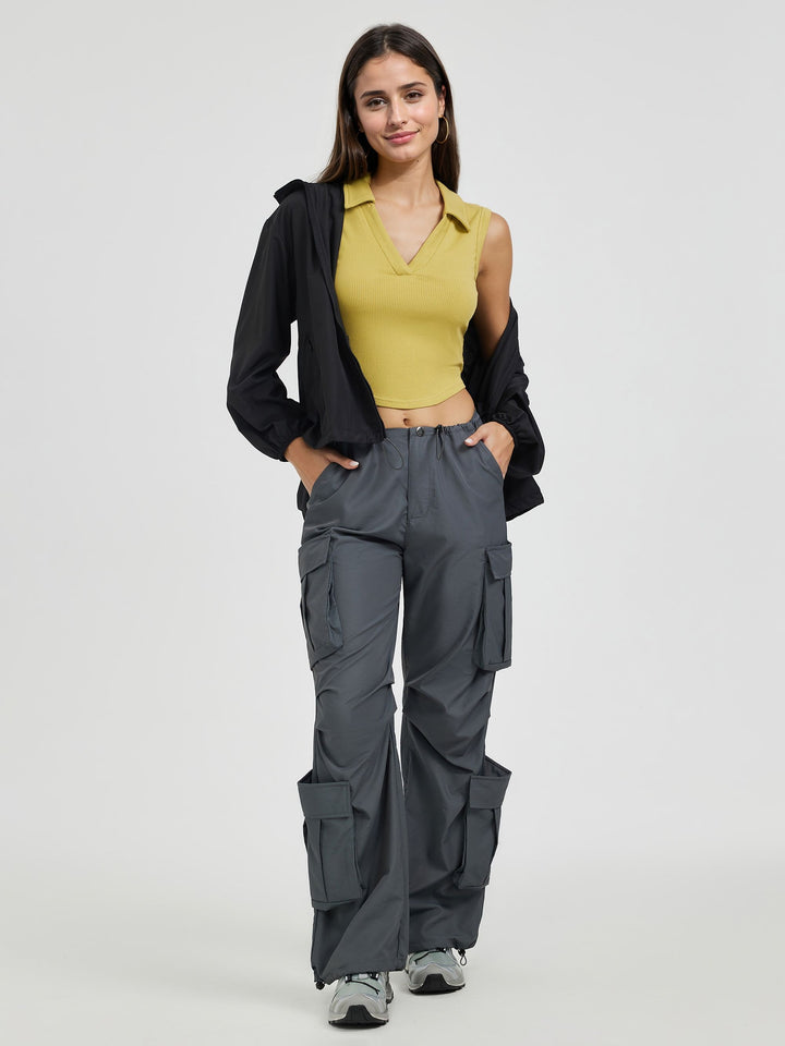 Yellow Collar V Neck Crop Top